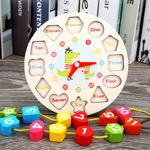 Wooden early education infant beaded clock watch small bead shape cognitive grasping board combination set educational toys