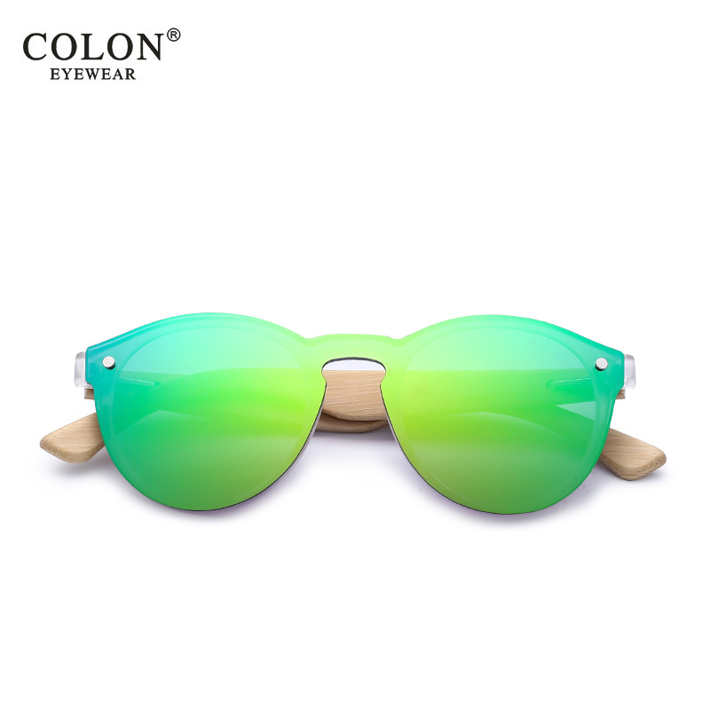 无框炫彩竹木太阳镜彩膜木头圆形墨镜圆形时尚复古竹男女眼镜