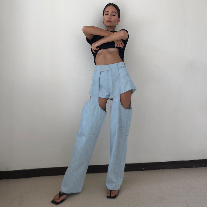 2020 Summer new arrival fashion detachable design high waist hollow jeans for women vintage style Casual pants loose trousers