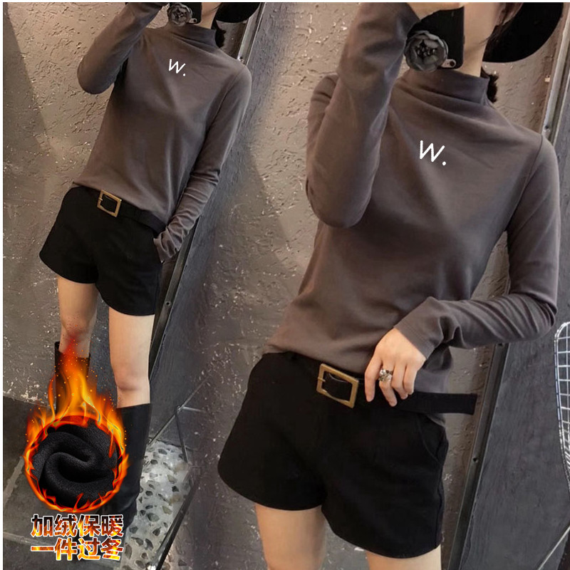 2020秋冬款歐貨半高領加絨德絨打底衫超厚百搭女裝刺繡磨毛上衣