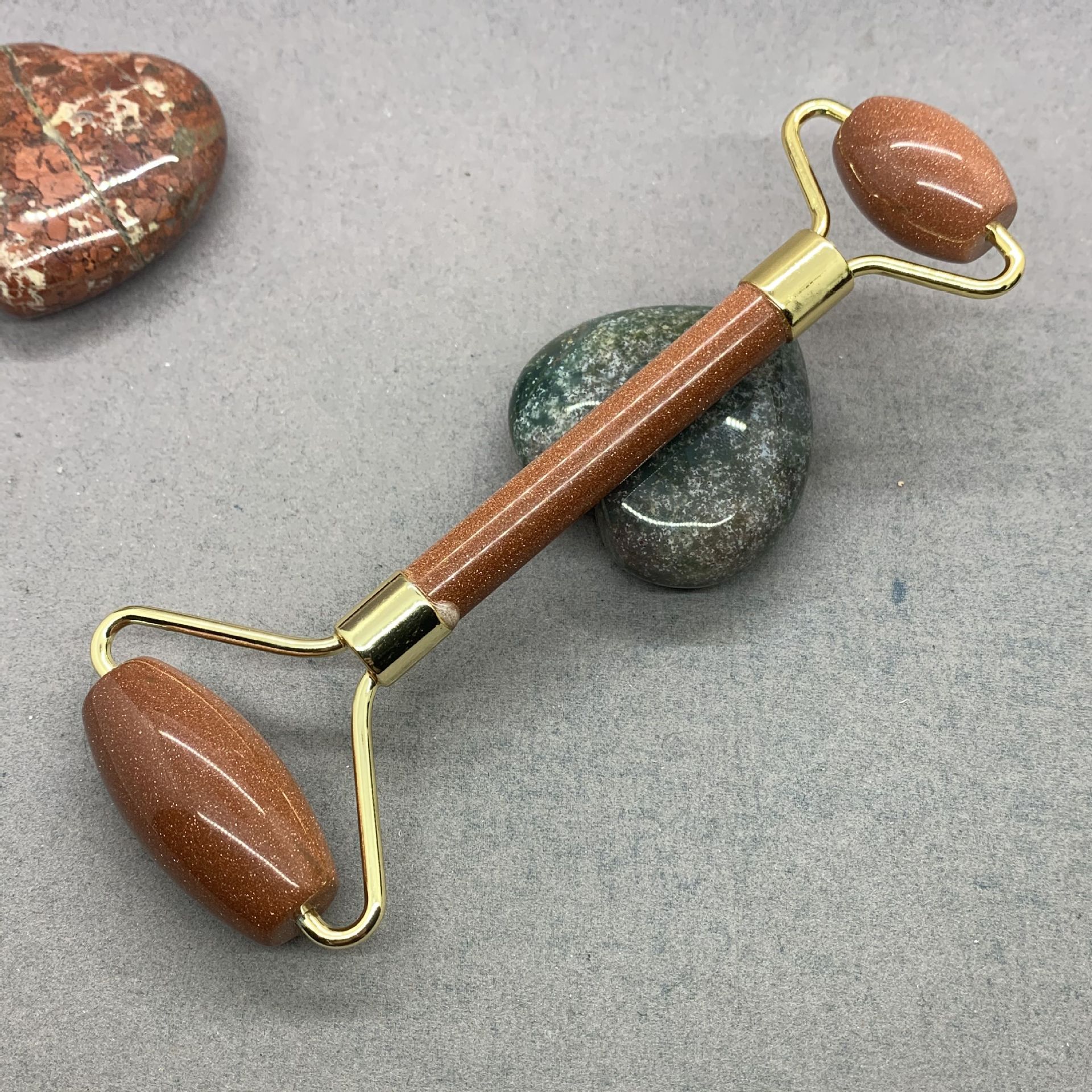 Piedra natural de doble cabeza rodillo de masaje palo amatista rosa cristal flor verde Aventurina azul patrón azul arena oro arena amarillo Ojo de Tigre