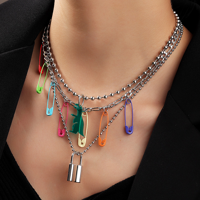 Fashion Trendy Color Pin Alloy Clavicle Chain Bead Lock Necklace For Women display picture 1