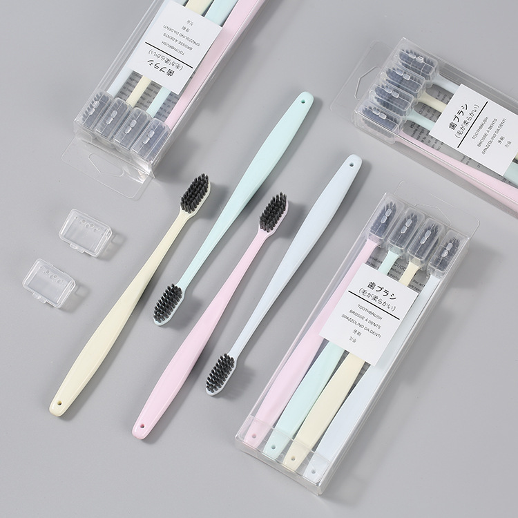 Muji derselbe Stil 4er-Pack Erwachsenen Zahnbürste im japanischen Stil, einfarbig, mit Schutzkappe, kleiner Kopf, mittelharte Borsten