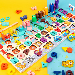 Children's wooden toys: Baby learning numbers, letters, and shapes—educational fishing blocks & puzzle sets for boys and girls, perfect for early childhood development.