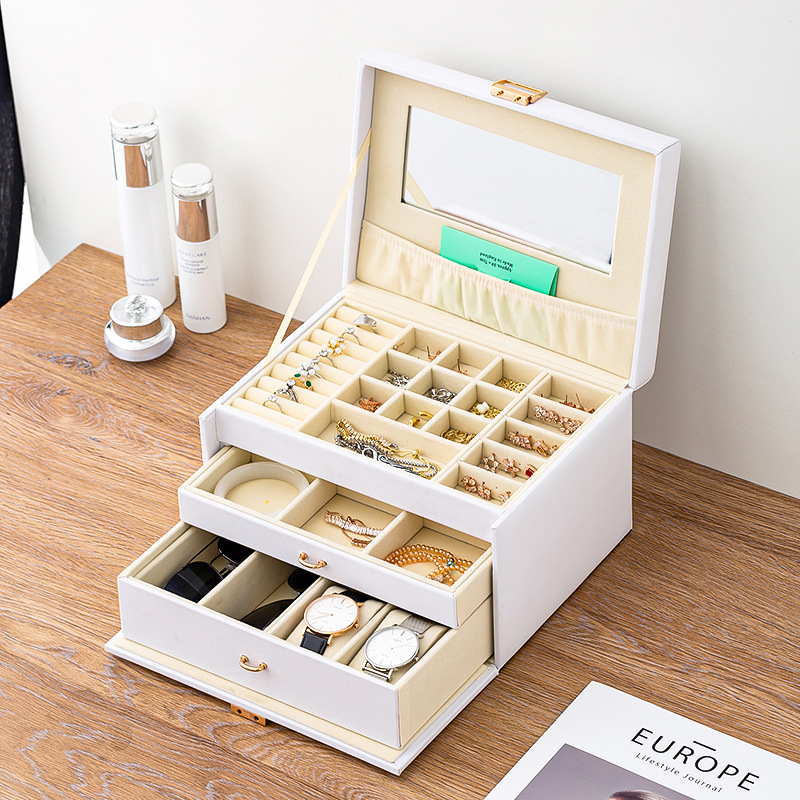 首飾箱大容量手提式三層首飾盒化妝箱多用途手表手镯飾品收納盒