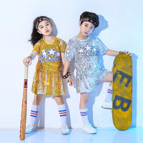 Children boy girls gold silver red blue sequined jazz dance costume modern gogo dancers hip-hop street dance outfits for kids