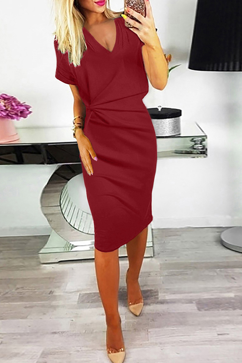 short sleeve women s elegant fashion hedging v-neck mid-length dress NSSI2425