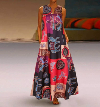 Женское летнее платье AliExpress с V-образным вырезом без рукавов, цветное платье с принтом в стиле ретро и блочной вышивкой 2020 #