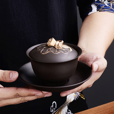 精品全手工原矿紫砂盖碗 蛙鸣三才碗茶具复古大号手绘敬茶杯 定制|ms