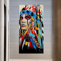 跨境熱賣印第安女人羽毛家居裝飾畫 客廳玄關掛畫壁畫無框畫芯