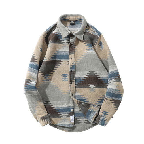 Autumn/Winter Retro Ethnic Style Long-Sleeve Shirt for Men Streetwear Loose OVERSIZE Outerwear Wool Felt Thick Linen Shirt