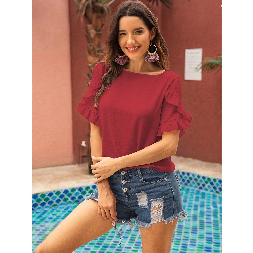 Pure Color Casual Loose Round Neck Ruffle Sleeve T-shirt NSSA39973