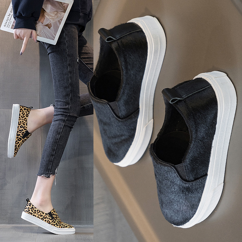 豹纹马毛黑色乐福鞋女2021新品春款平底休闲毛毛单鞋一脚蹬懒人鞋
