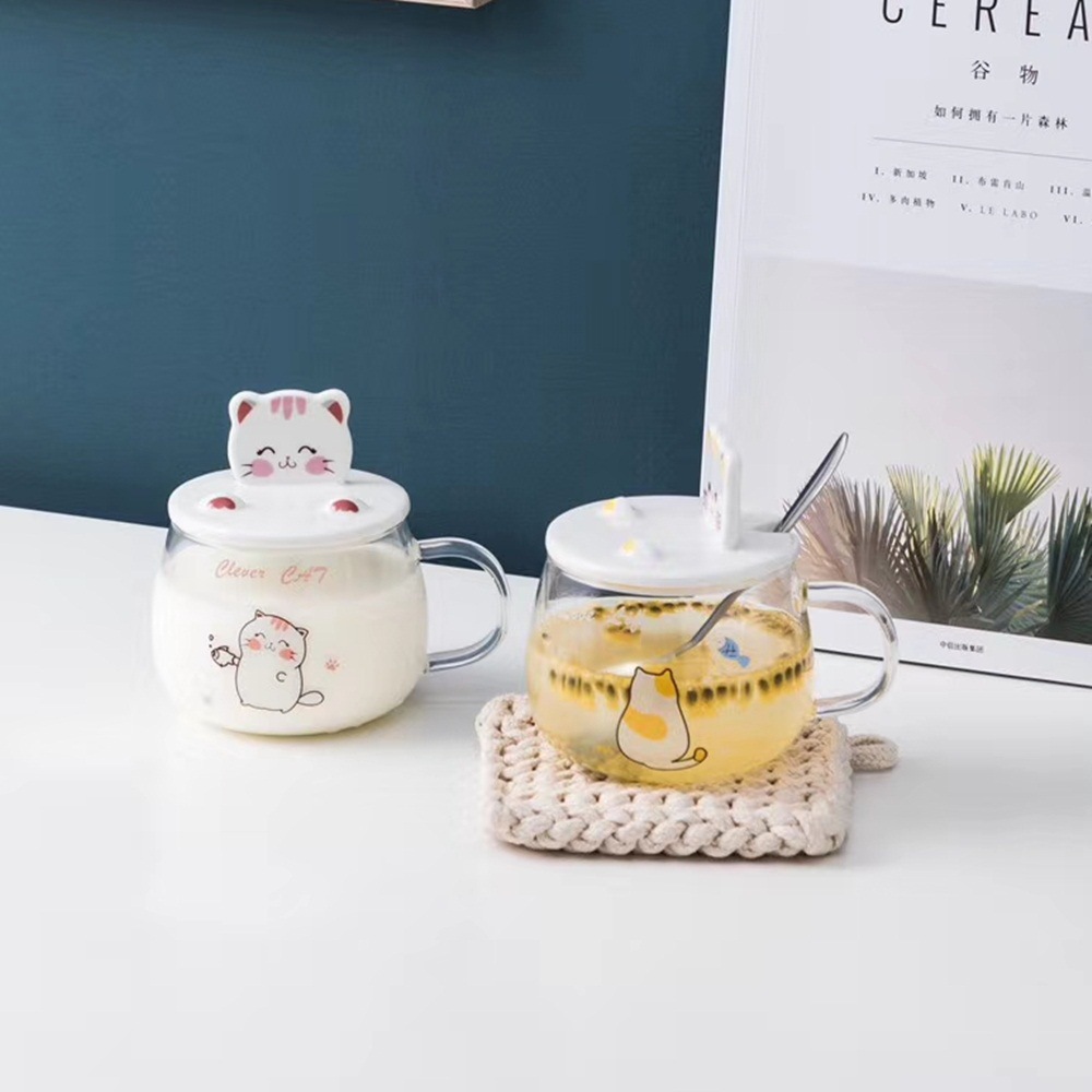 Lindo gato de alta temperatura resistente taza vidrio con tapa cuchara regalo personalizado dibujos animados agua publicidad LOGO