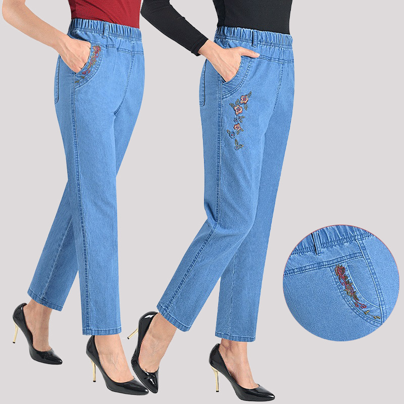 Mom spring and summer middle-aged jeans women loose straight pants embroidered elastic high waist pants wholesale generation