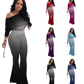 现货 跨境精品亚马逊独立站露肩斜肩渐变纯色喇叭裤两件套 女装