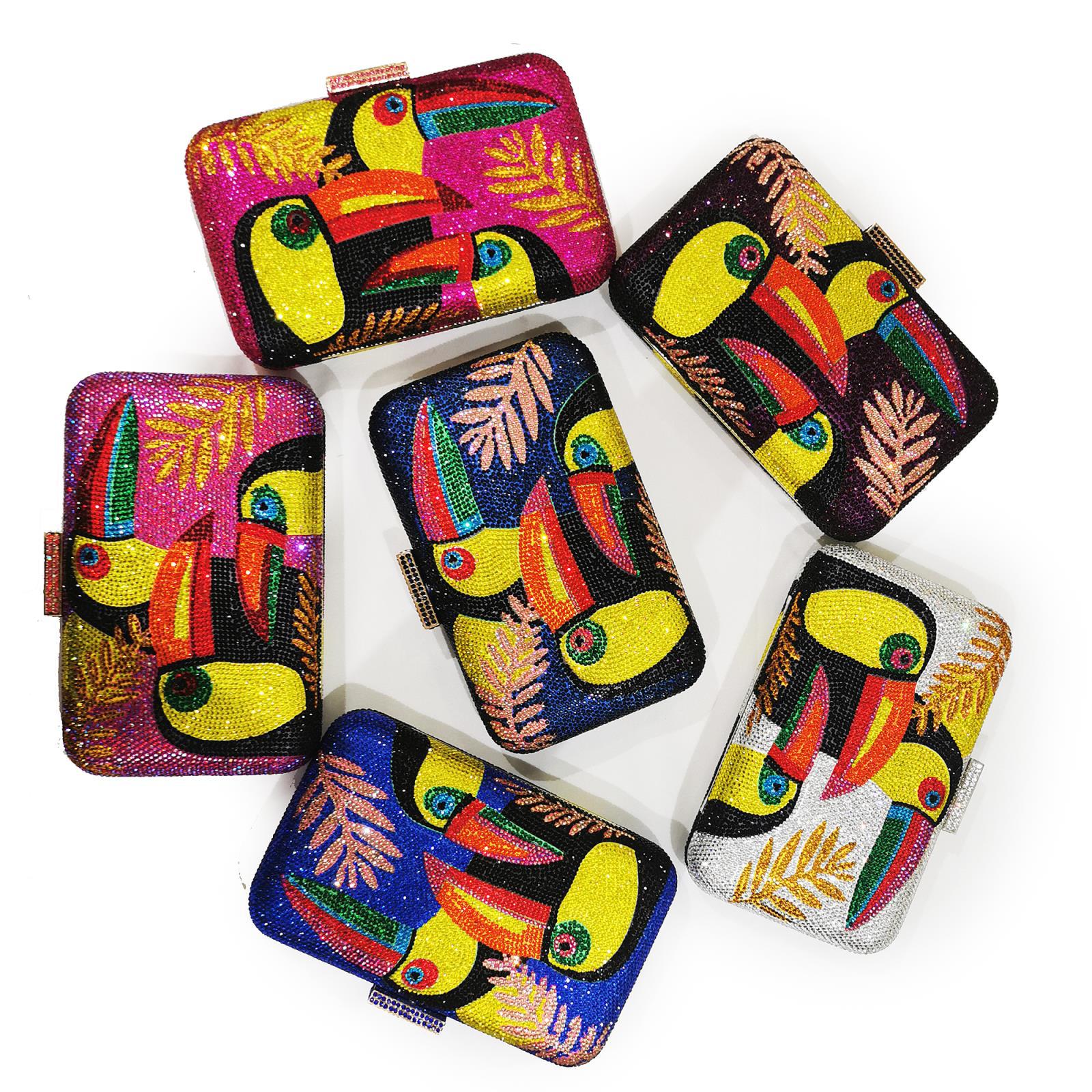 嘉喜利现货2020夏季新款彩图鸟镶钻晚宴包女包链条钻石包