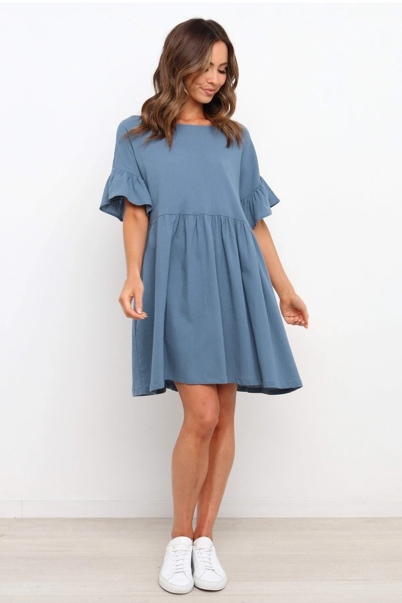 ruffled solid color round neck short-sleeved dress Nihaostyles wholesale clothing vendor NSJRM72230