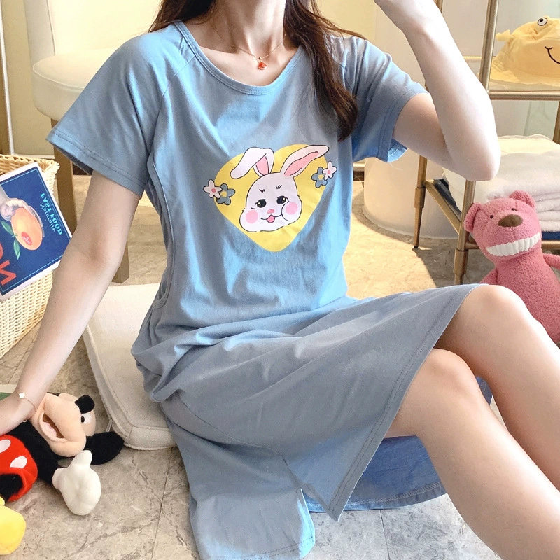 Летняя пижама для кормления, хлопковая юбка, длинное платье, с коротким рукавом