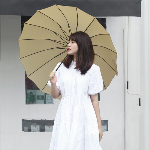 Japanese small fresh 16K straight umbrella long handle umbrella simple solid color leather handle advertising umbrella umbrella LOGO