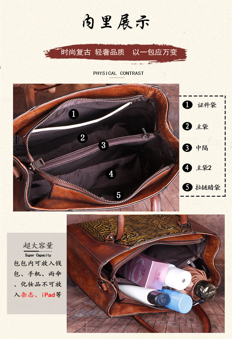 Túi đeo chéo nữ da thật phong cách vintage, họa tiết nổi bật — Xám cổ điển, Vàng cổ điển, Xanh lá cổ điển, Nâu cổ điển chi tiết 5
