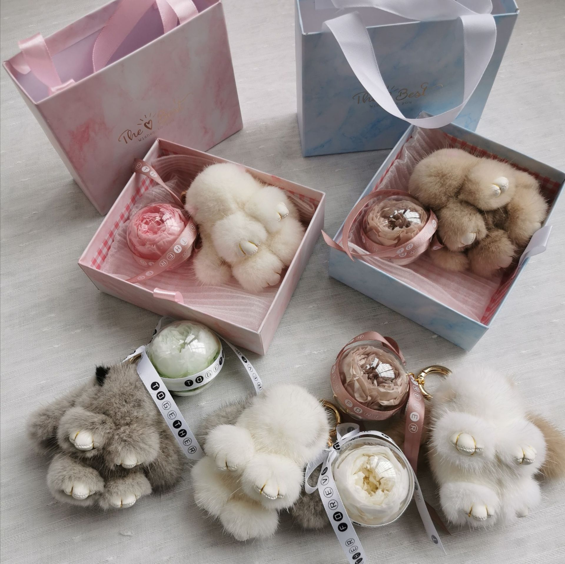 ins風企業聖誕情人禮品定制 水貂毛呆萌兔永生花玫瑰鑰匙扣包挂件