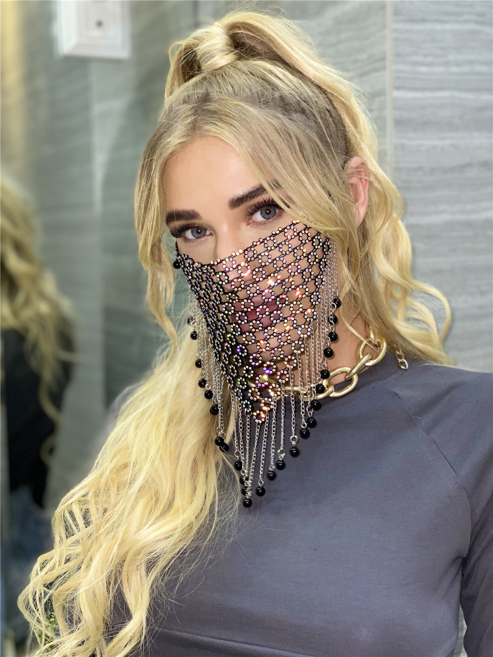 Rhinestone stitching flash drill tassel mouth mask NSYML132252