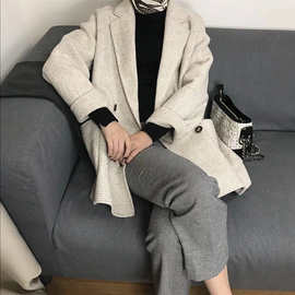 韩国格子纹双面手缝羊绒大衣女韩版宽松插肩袖短款双面尼羊毛外套