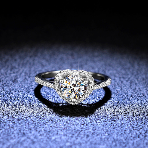 Diamond Ring Heart Shape Hollow 925 Silver Ring for Women, Live Streaming Cooperation, 1 Carat Ring