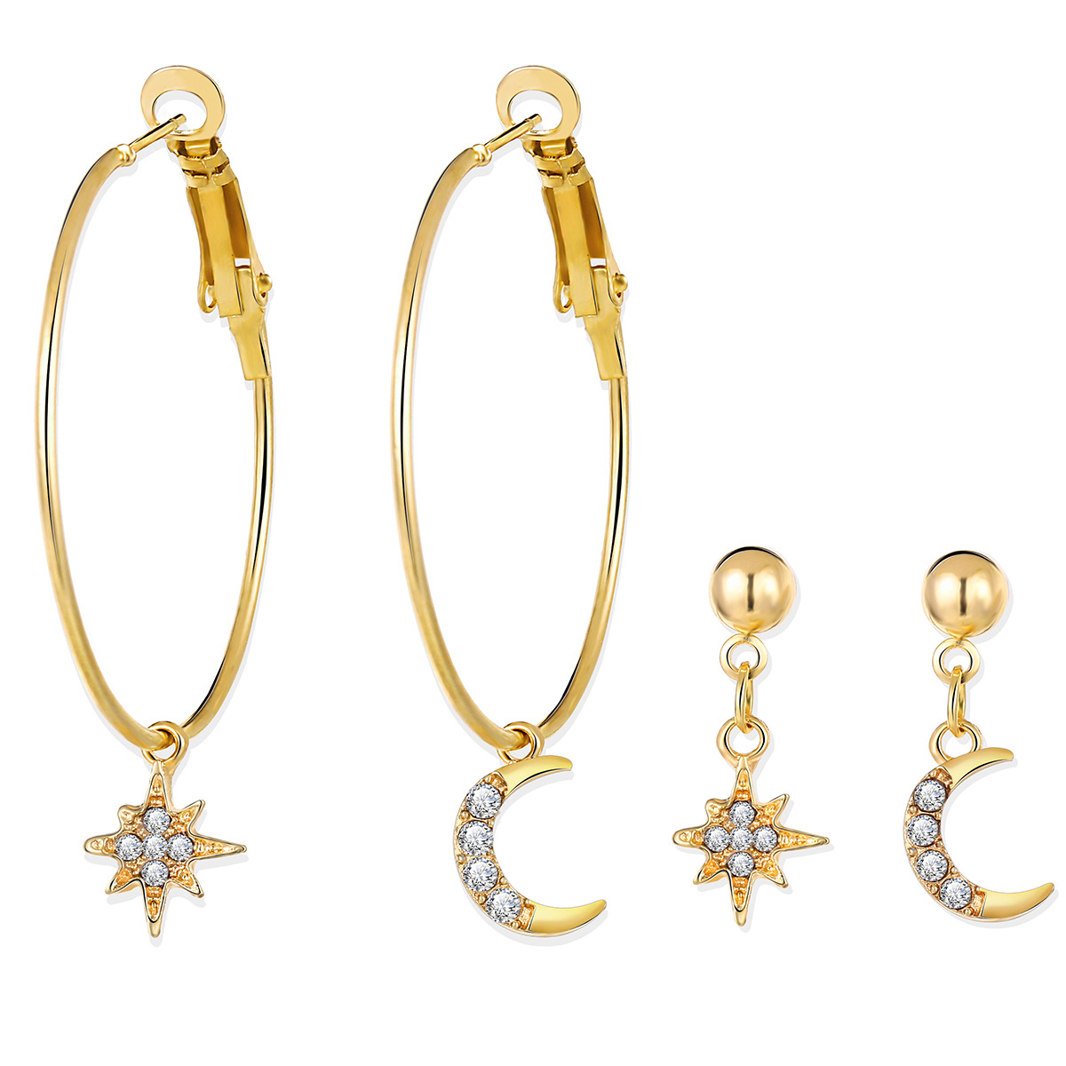 New Fashion Full Diamond Star Moon Earring Set 2 Piece Set Wholesale display picture 5