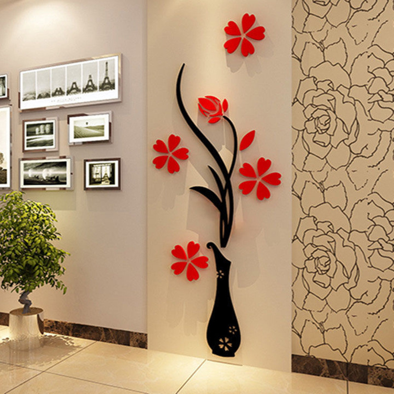 Room TV Background Wall Living Room Bedroom 3D Vase Simple Self-adhesive Wallpaper Acrylic Wall Stickers Decorations