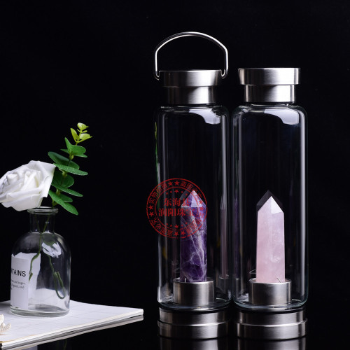 Natural crystal hexagonal single pointed column energy stone water bottle glass sports water cup kettle new product cross-border hot selling