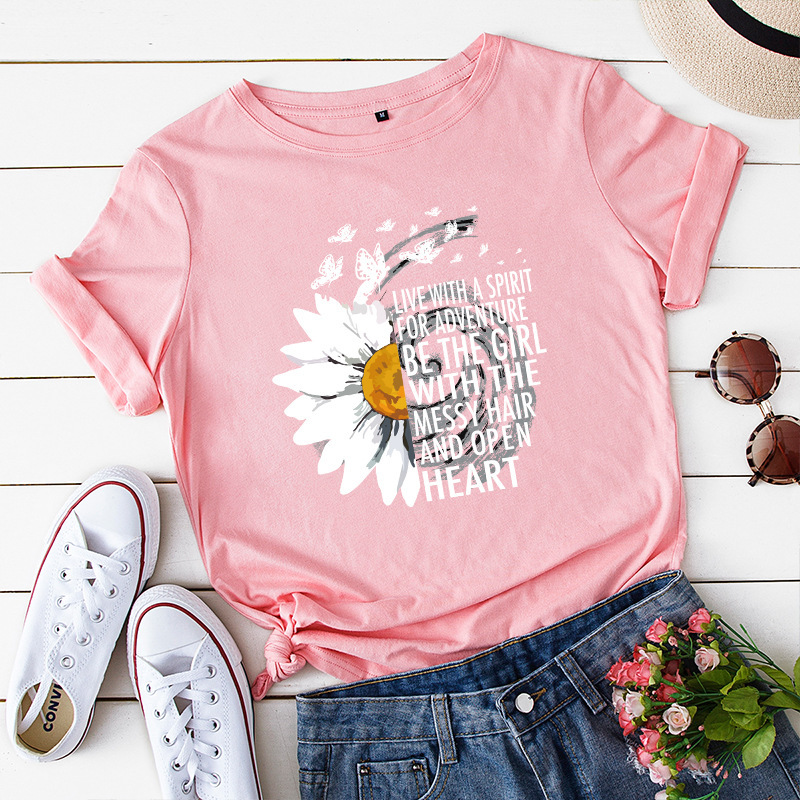 JFUNCY 2020 New Summer Cotton Women T-shirts Creative Chrysanthemum Inspirational Letter Print T Shirt Plus Size Mujer Tee Tops