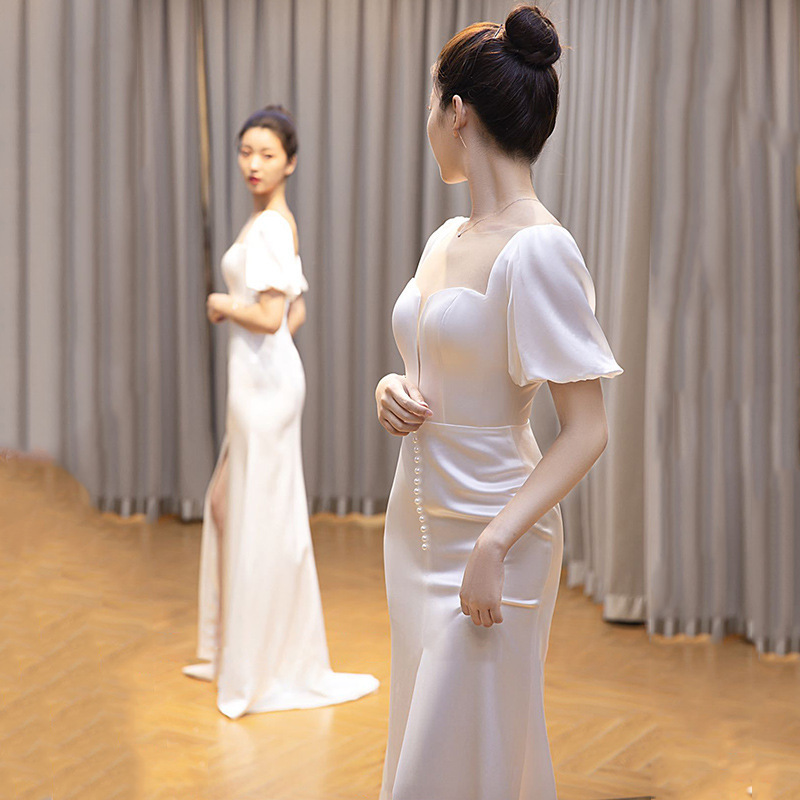 Satin Light Wedding Dress 2026 Spring New Style Fishtail Slit White French-Style Elegant Bridal Banquet Evening Gown Satin Light Wedding Dress 2026 Spring New Style Fishtail Slit White French-Style Elegant Bridal Banquet Evening Gown