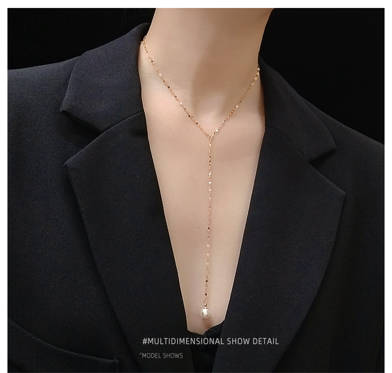 Titanium Steel Plated 18k Real Gold Tassel Long Necklace Pearl Y-shaped Clavicle Necklace Set display picture 8