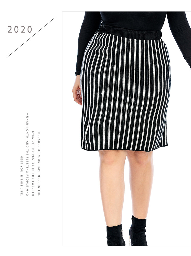 autumn and winter new plus size knitted skirt vertical stripes slim sweater bag hip skirt NSYH7149