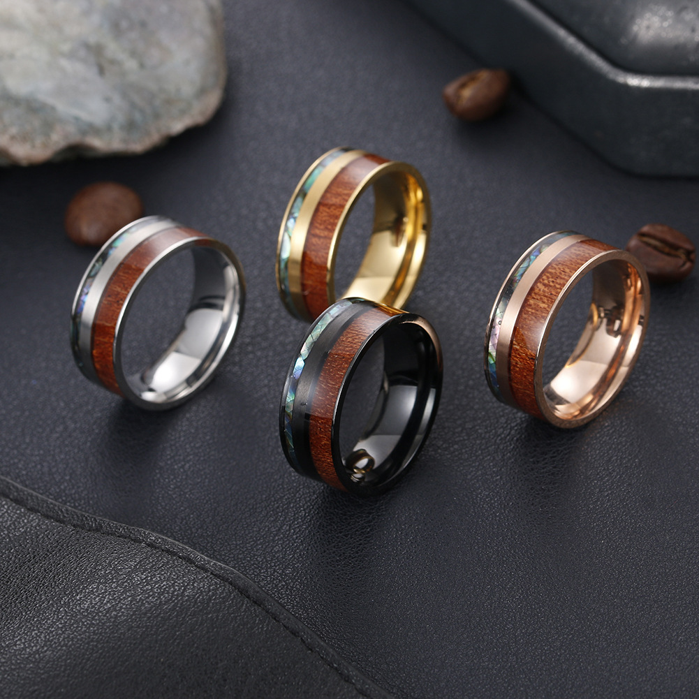 Cross-border 8mm Wide Acacia Wood Plus Abalone Shell Titanium Steel Ring Standard Jewelry Wholesale display picture 1