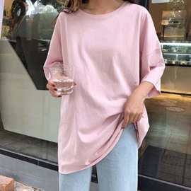 2019春夏季新款糖果色圆领套头t恤女中长款短袖上衣宽松大码学生