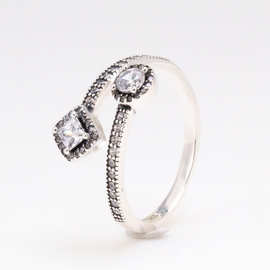 白铜镀银戒指潘家闪闪发光的正方形和圆开扣戒指欧美新款优雅戒指