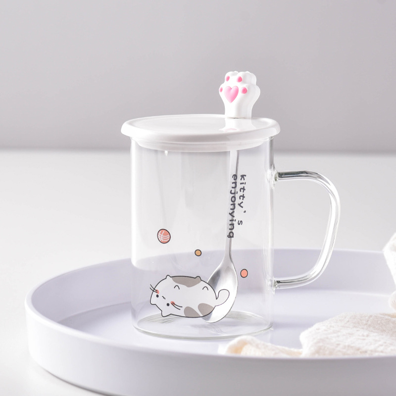High Borosilicate Glass Creative Cartoon Mug With Lid Spoon Household Transparent Water Cup Coffee Cup