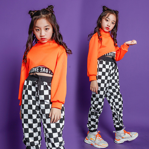 orange plaid Girls street dance costumes Rapper singers hiphop costumes for girls hip-hop show dress tide kids street dance suit 