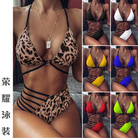 2020爆款泳衣女士分体比基尼亚马逊泳装豹纹镂空泳衣泳装bikini