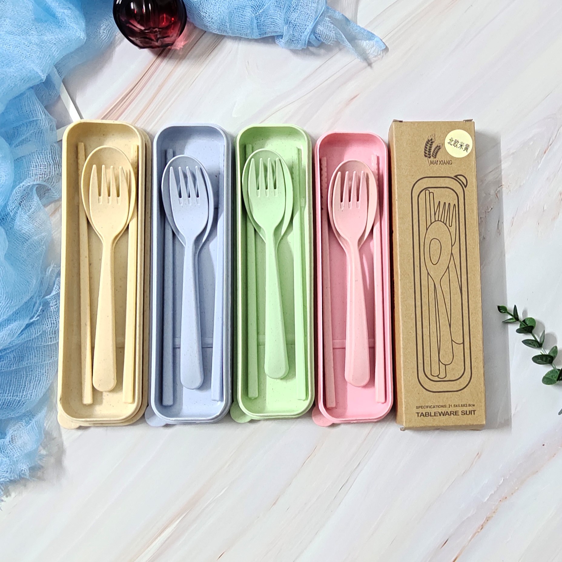 Wheat straw tableware set portable fork, spoon and chopsticks three-piece set fast food takeout tableware small gift l Dingogo