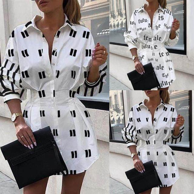 autumn and winter new fashion printed waist shirt lantern sleeve shirt NSYD3774