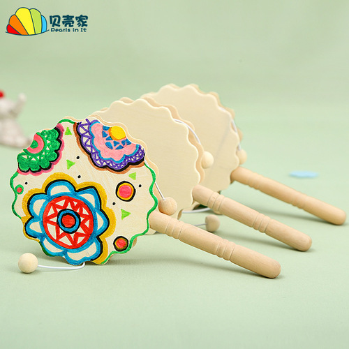 Wooden rattler small drum white blank children's DIY creative art graffiti painting hand-painted toys