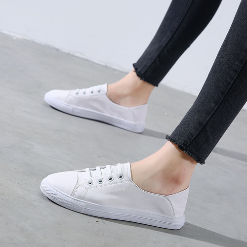 Heel shoes for women summer  new style shallow genuine leather white shoes for women flat bottom versatile basic two-wear sneakers