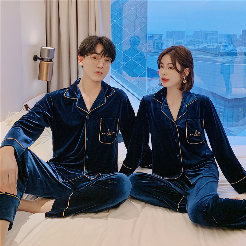 秋冬季金丝绒情侣睡衣开衫长袖长裤love刺绣男女士家居服韩版温馨