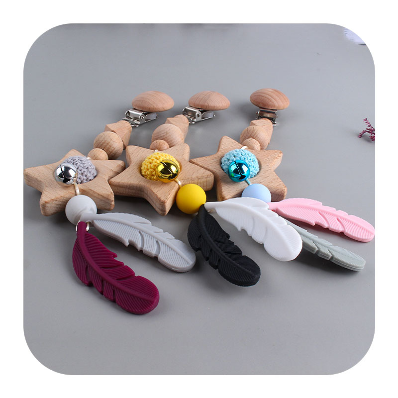 DIY pluma de silicona estrella de cinco puntas juguete teether cochecito coche colgando accesorios bebé chupete cadena teether palo