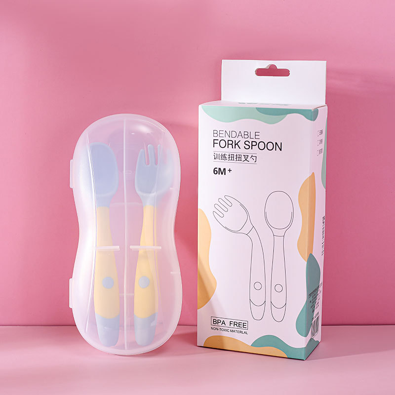 Directo de fábrica bebé aprendiendo a comer cuchara de entrenamiento suplemento alimenticio para bebé codo giro tenedor cuchara flexible niños vajilla