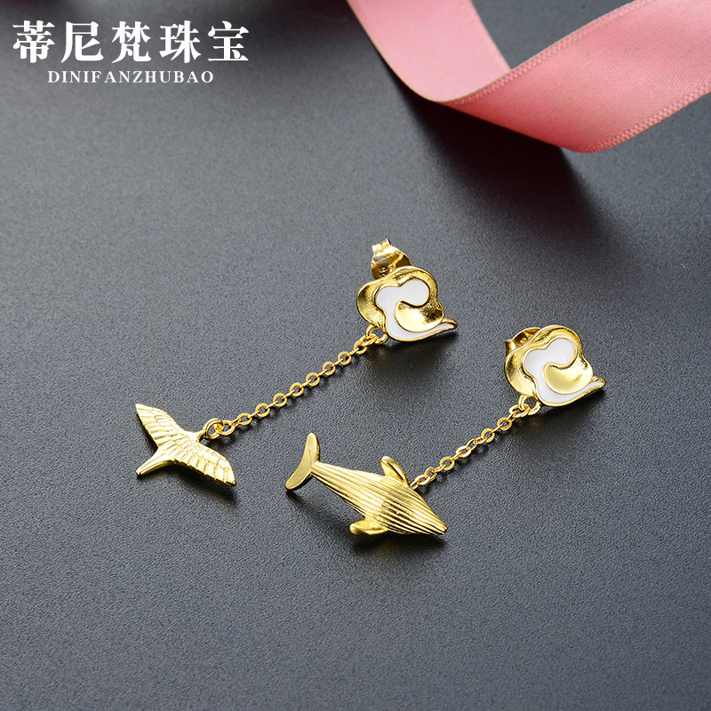 S925 gota de plata aceite ballena larga oreja pendientes estilo japonés y coreano creativo oro asimétrico pájaro pendientes